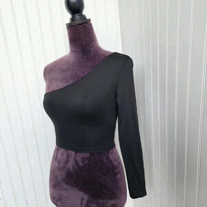 SHEIN Womens Black Stretch One Shoulder Long Sleeve Crop Top Size S